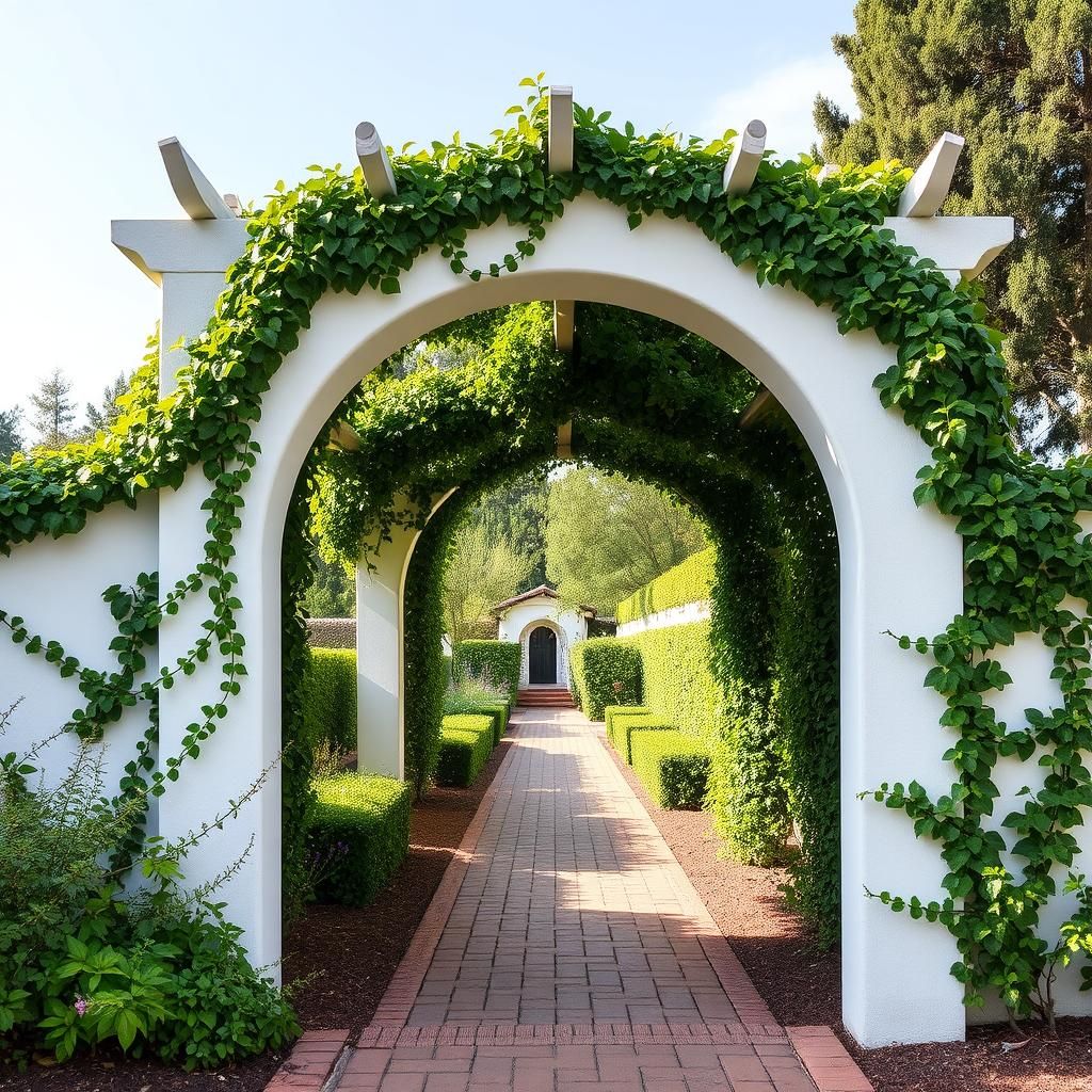 Arched gate pergola with climbing plants