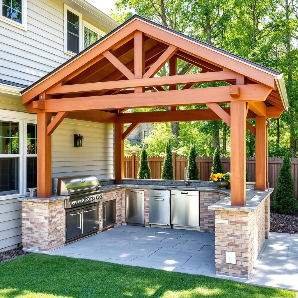 Attached Covered Pergola with Outdoor Kitchen