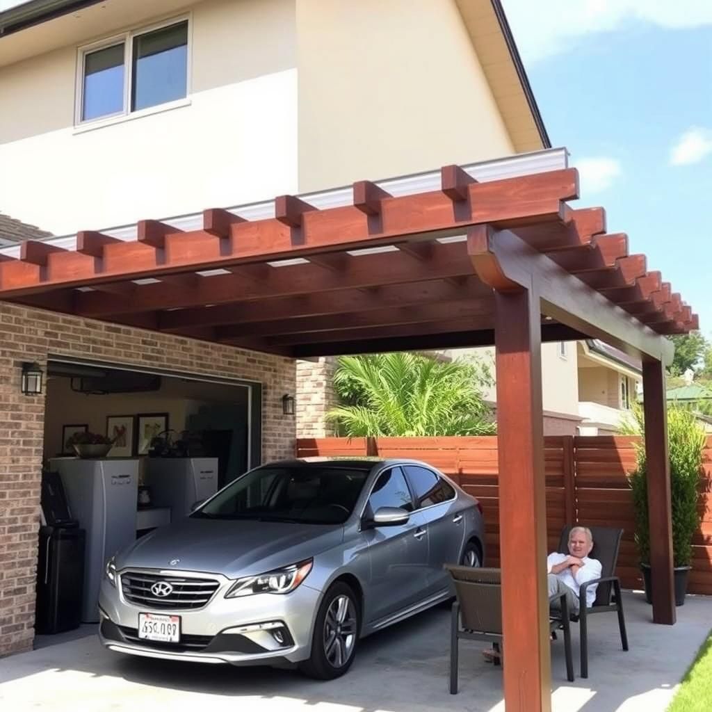 Modern attached pergola over garage door