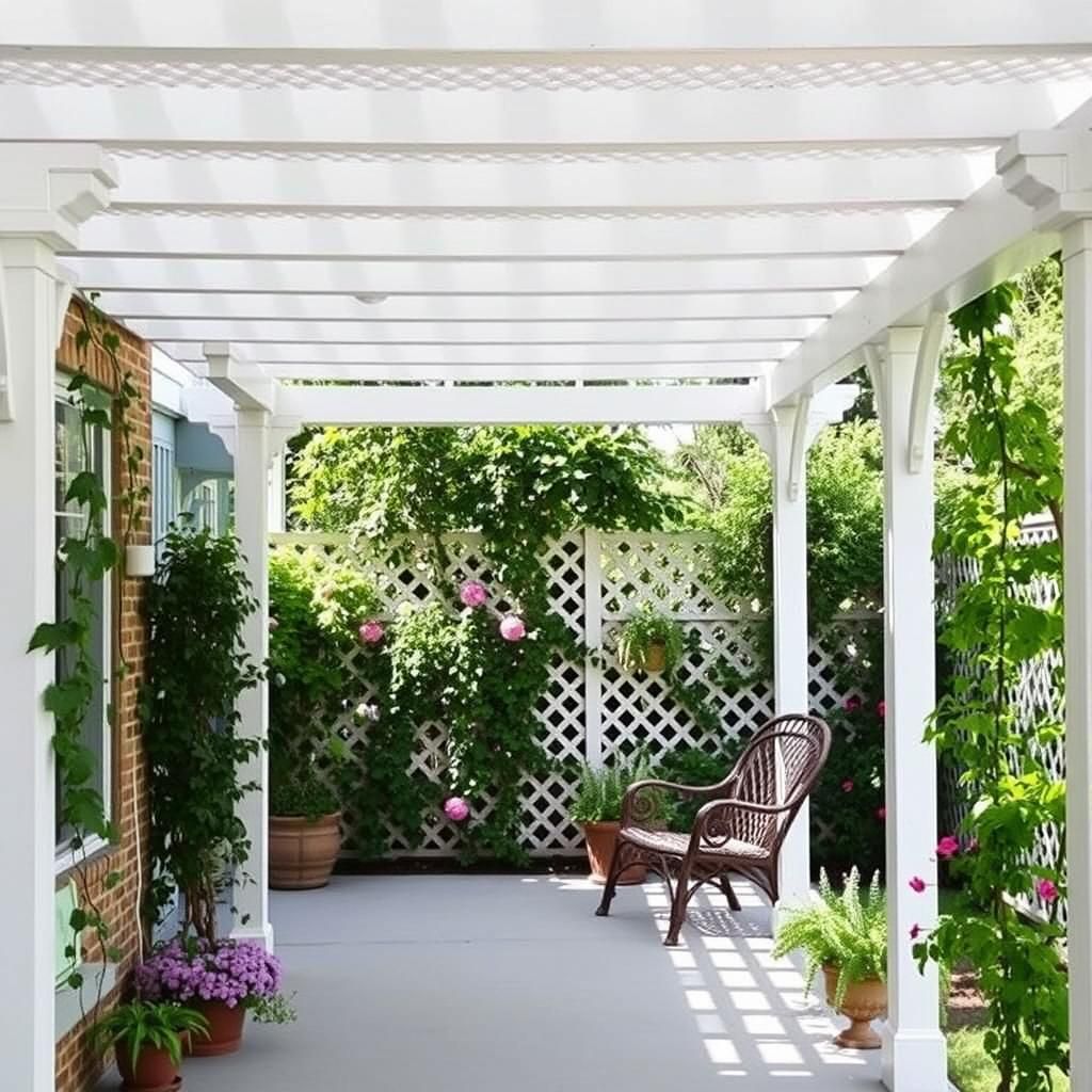 Back Porch Pergola With Lattice and Climbing Plants