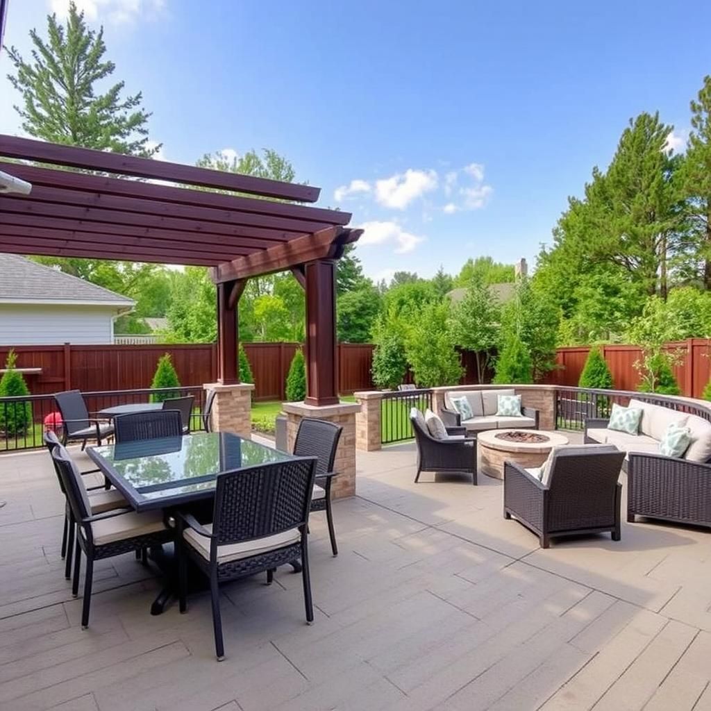 Backyard deck and pergola with outdoor furniture and a fire pit