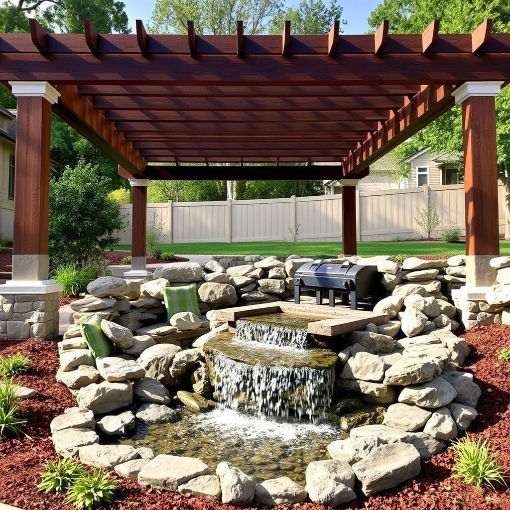 Serene backyard retreat featuring a pergola and a cascading waterfall