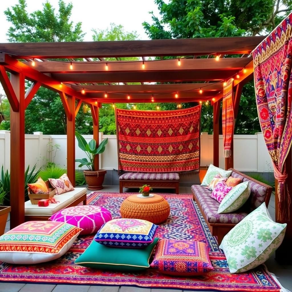 Boho-style pergola with low seating and colorful textiles