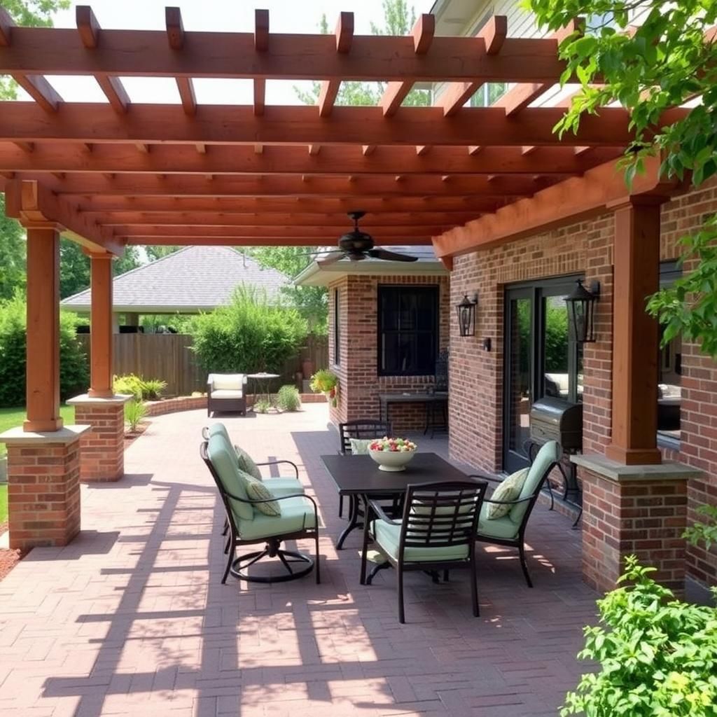 Wooden pergola over a brick patio