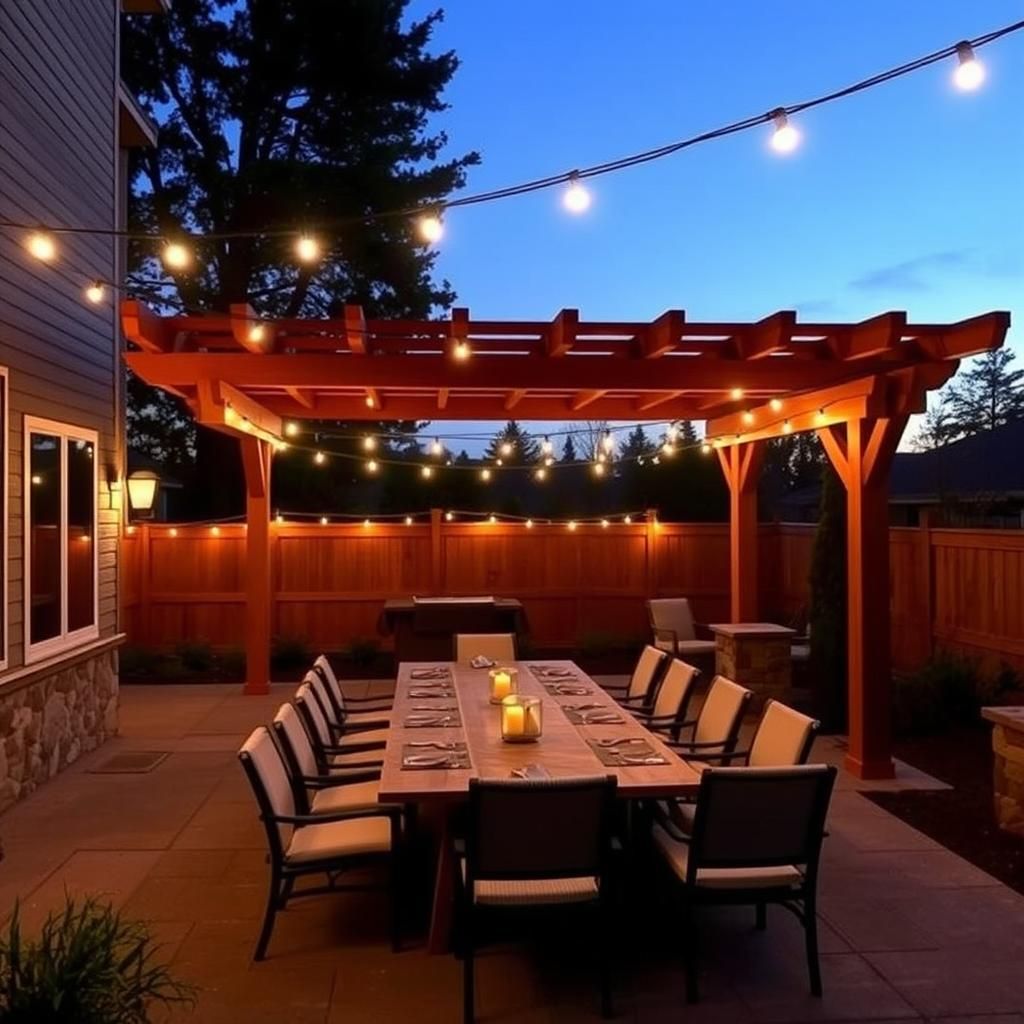  Cedar pergola over outdoor dining area with string lights