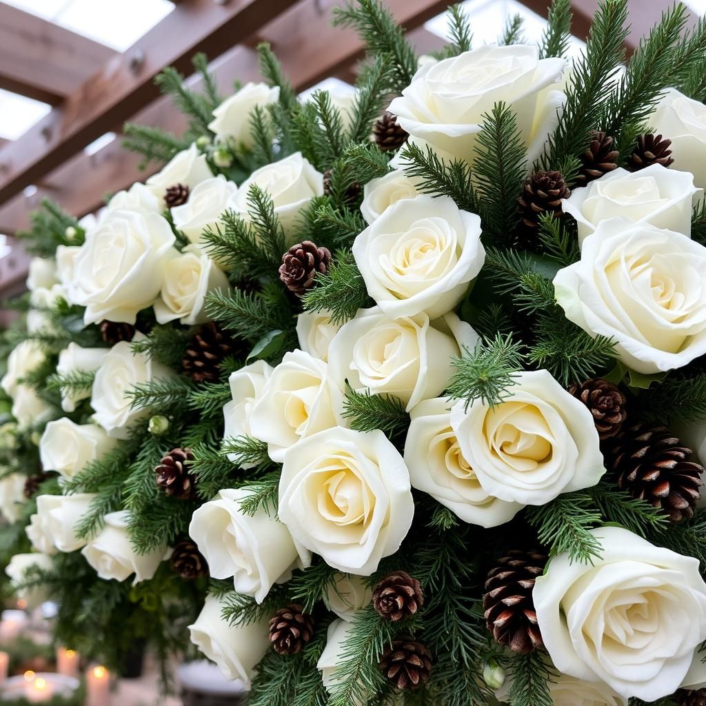 Christmas Wedding Pergola with Floral Arrangements and Candles