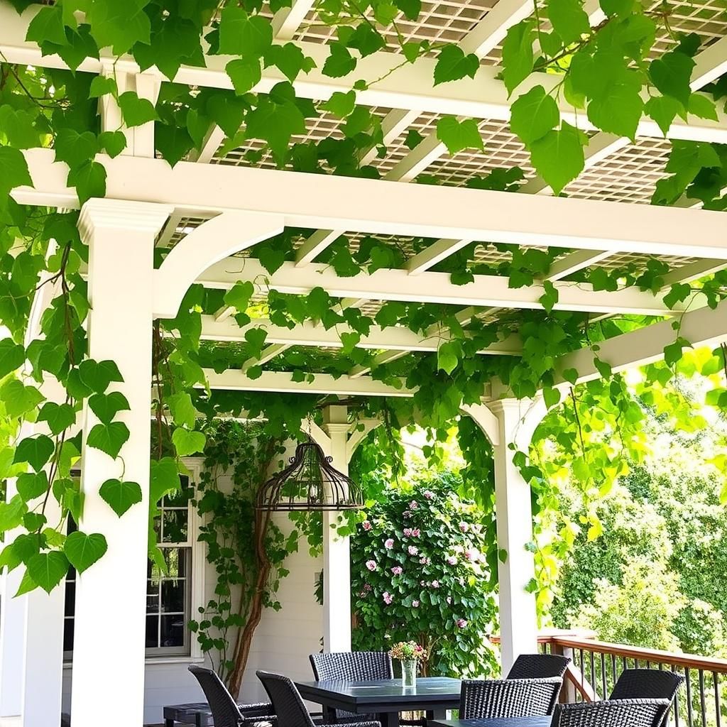 Pergola with a lattice roof covered in vines