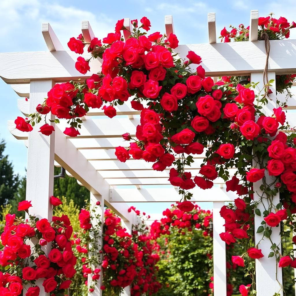 Climbing roses adorning a white pergola