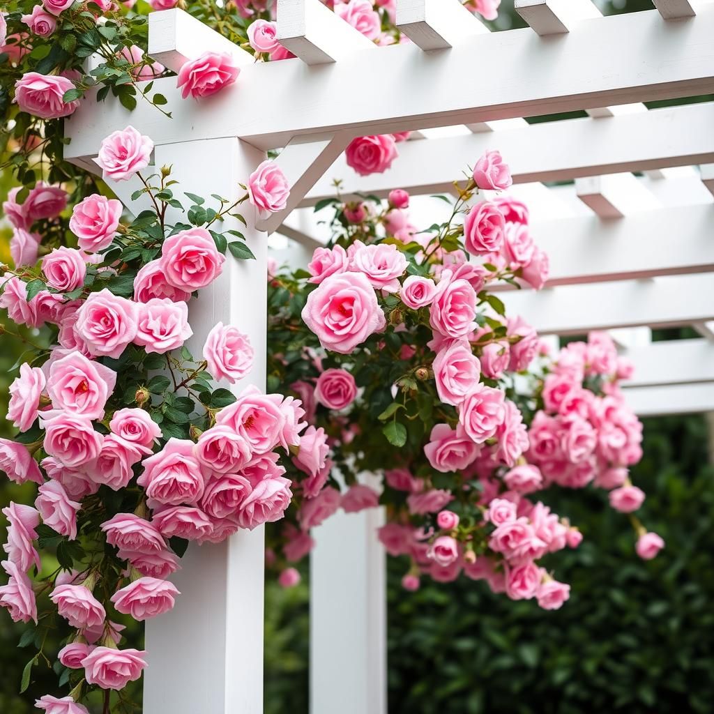 Climbing roses twining gracefully around a white pergola, adorned with delicate pink blossoms.