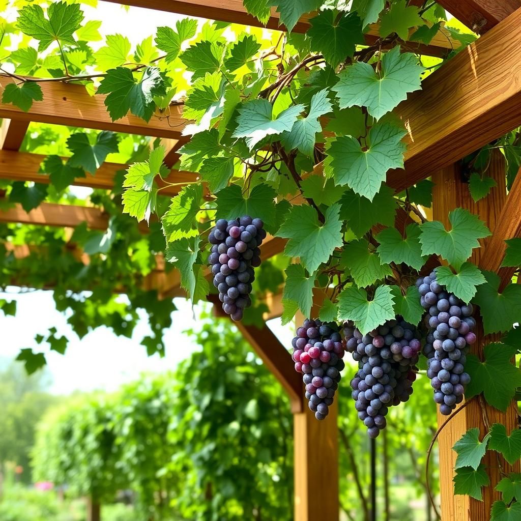 Pergola adorned with lush grape vines laden with fruit