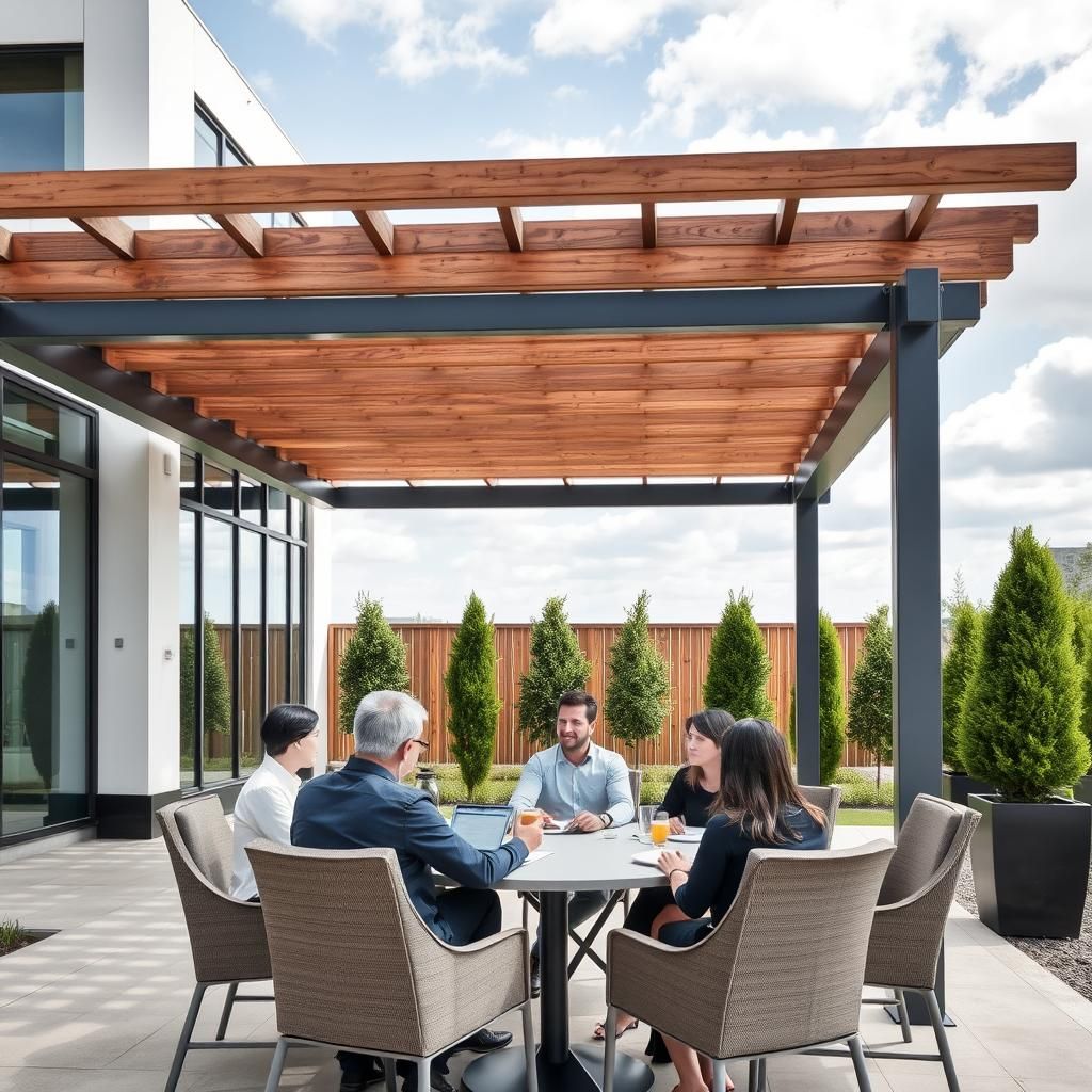 People working at an outdoor table under a pergola