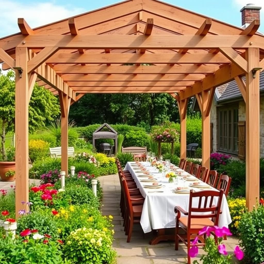 A charming country pergola with a long dining table set for a meal, surrounded by blooming flowers and lush greenery.