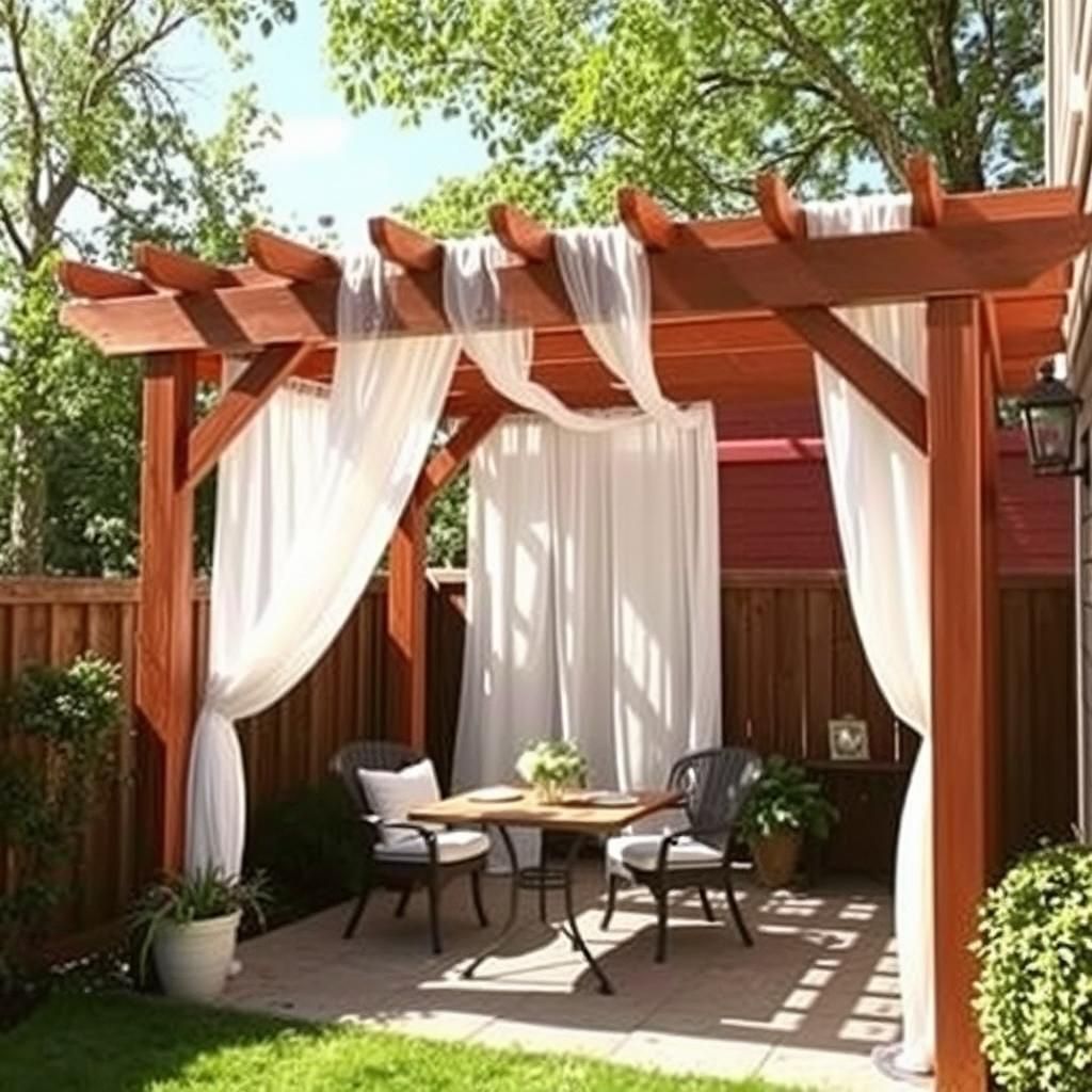  Covered Pergola featuring flowy fabric drapes for shade