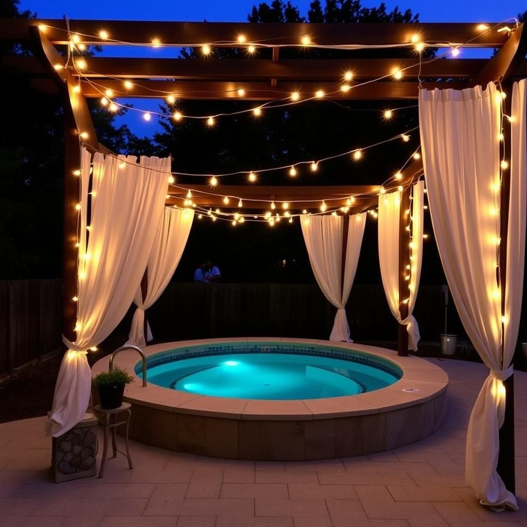 Cozy pergola above ground pool at night