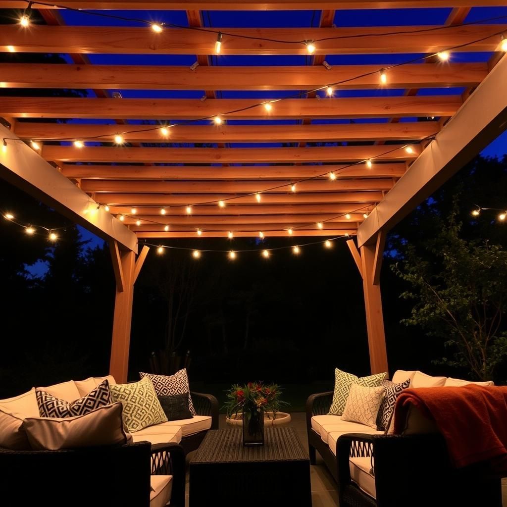 Pergola decorated with lights and textiles