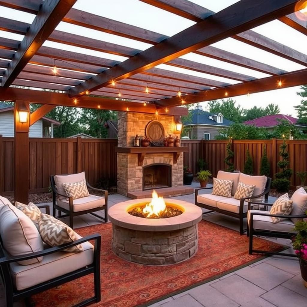 A cozy pergola fire pit area with comfortable seating and inviting ambiance