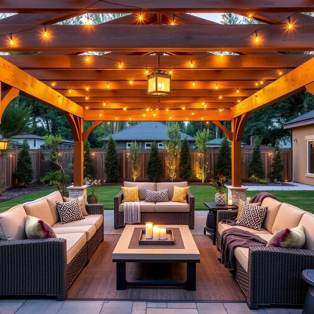 Cozy Pergola Lounge Area with Comfortable Seating and String Lights