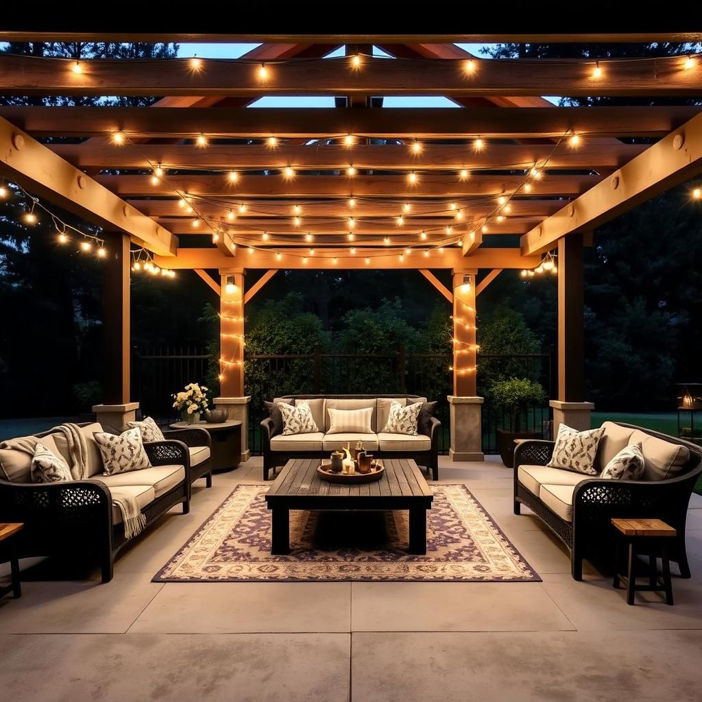 Cozy pergola porch illuminated with string lights and furnished with comfortable seating.