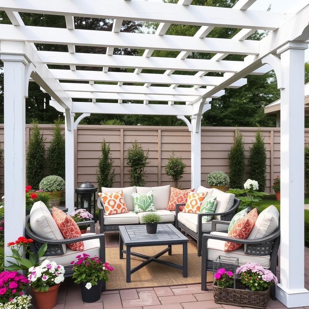 A cozy pergola reading nook surrounded by lush greenery