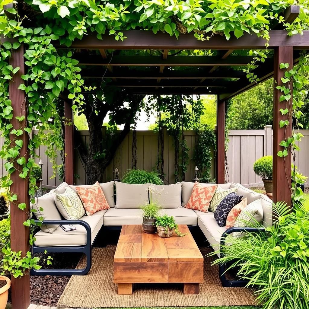 Cozy pergola seating area with hanging plants