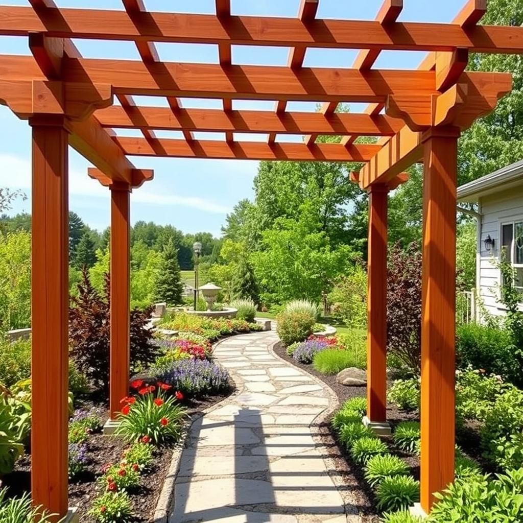 Craftsman pergola overlooking a lush garden