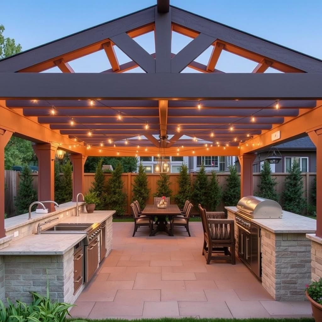 Craftsman pergola with outdoor kitchen and dining area