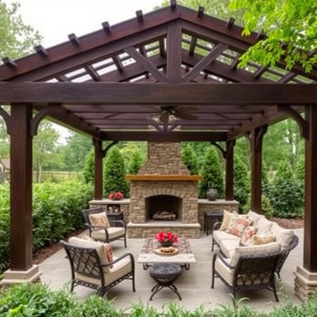 Craftsman pergola with a stone fireplace