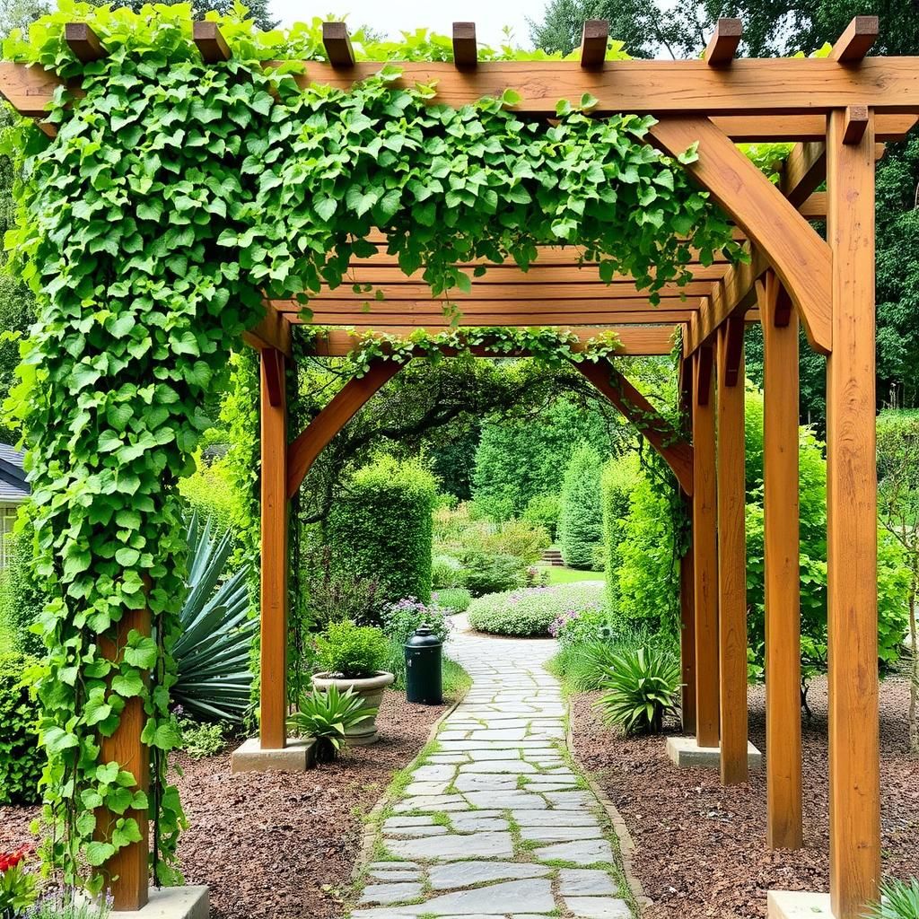 A detached pergola creates a welcoming entrance to a garden path