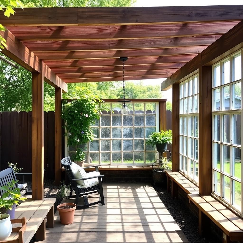 DIY pergola with upcycled windows as walls