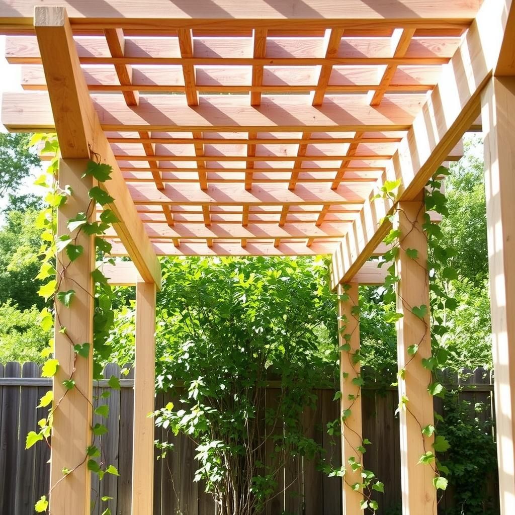 DIY pergola with lattice roof and climbing vines