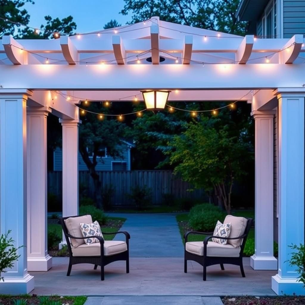 Inviting entry pergola illuminated with warm lighting and featuring comfortable seating