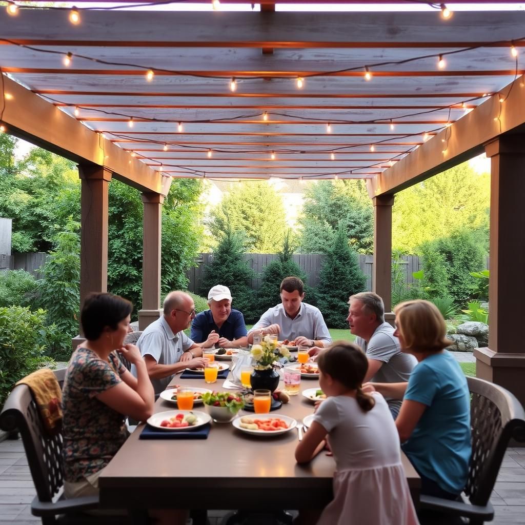 Family Enjoying a Meal Under a Pergola in a Southern Garden