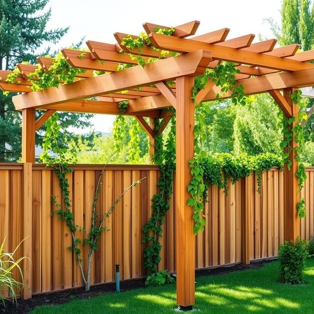 Wooden fence pergola adorned with lush green climbing vines