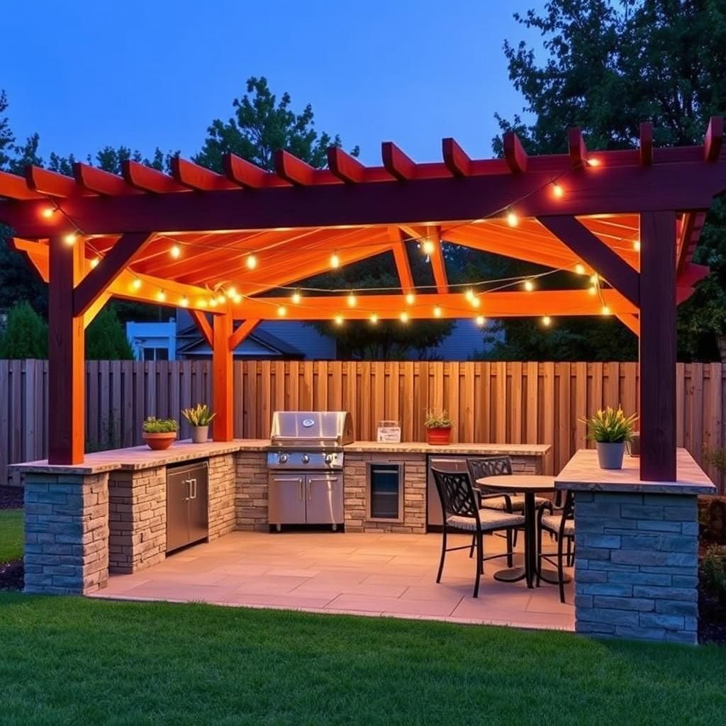 A spacious fence pergola with an outdoor kitchen setup