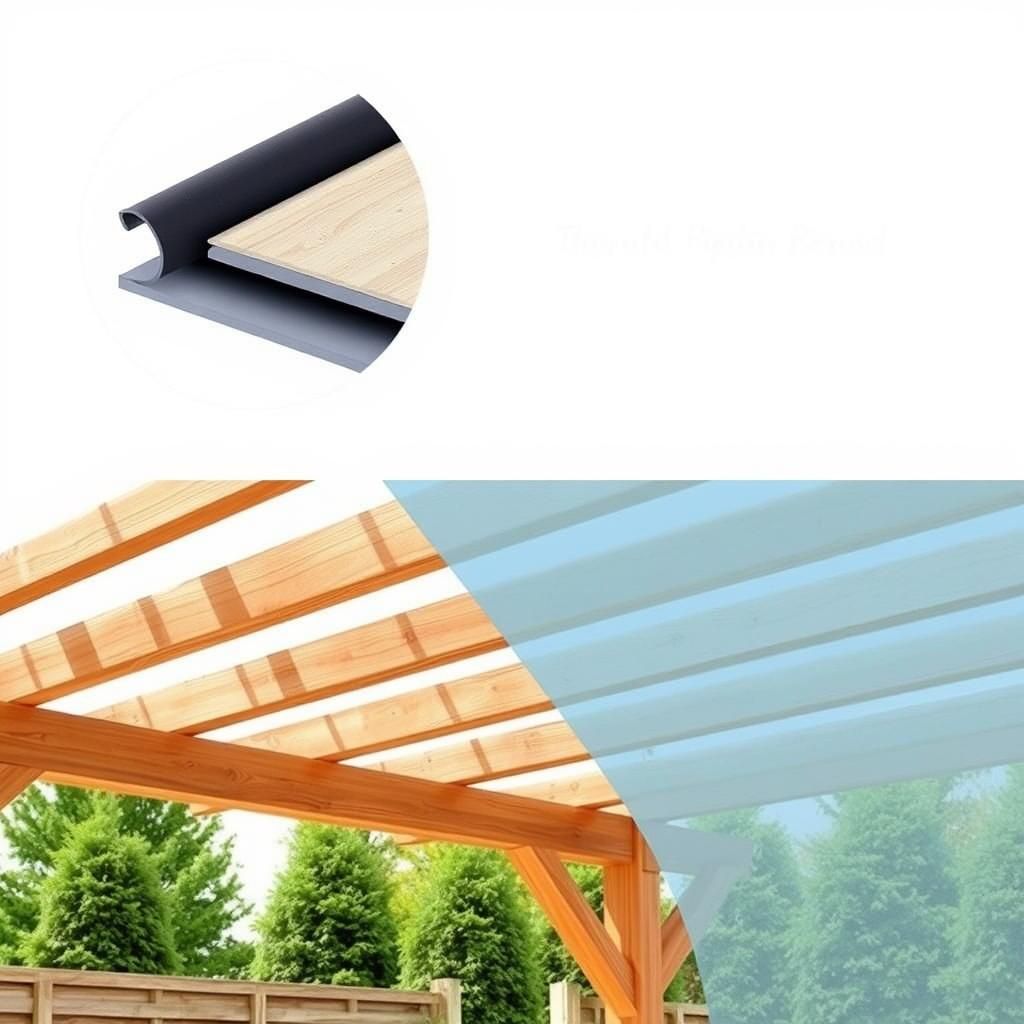 A pergola with a fixed roof made of wood and a waterproof membrane