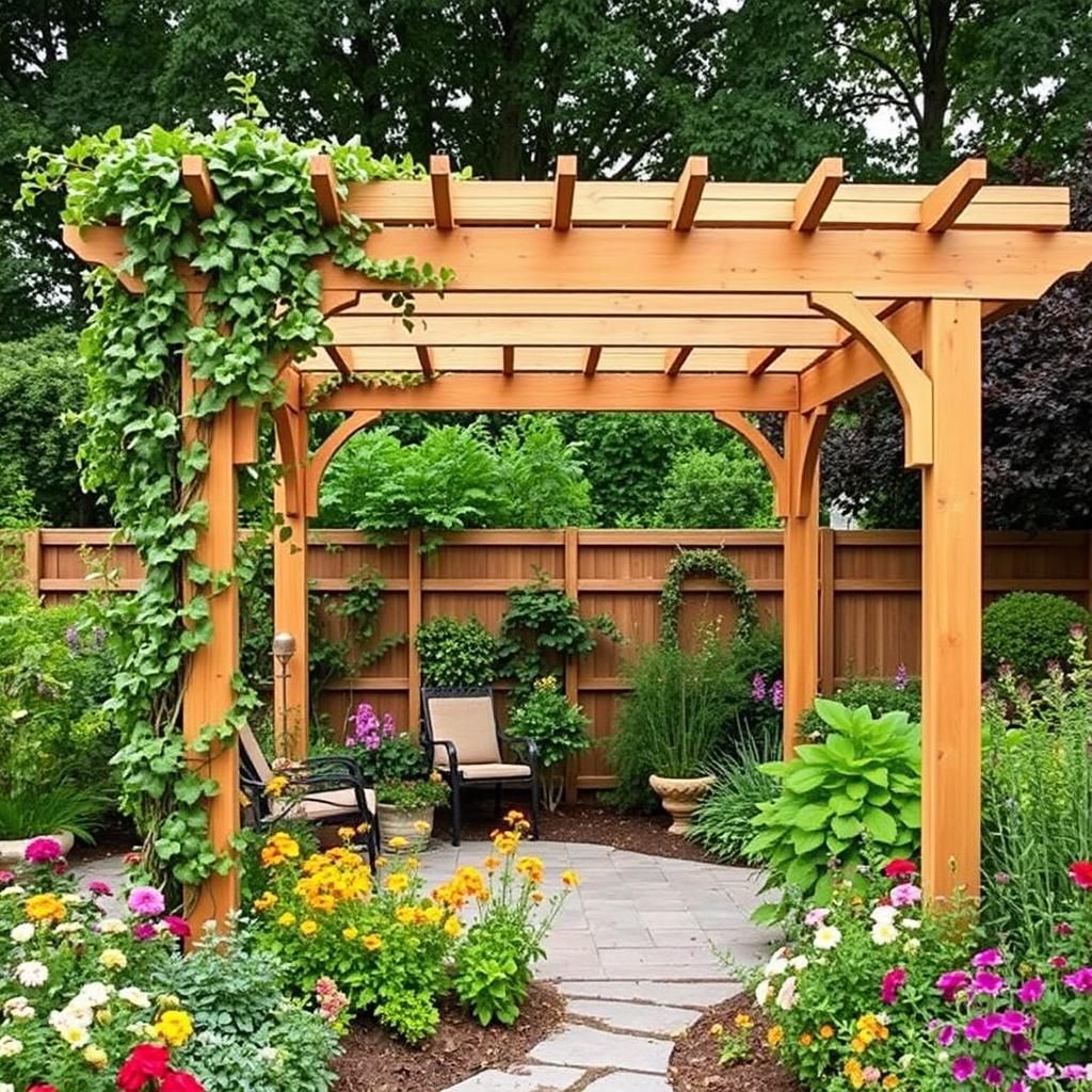 Freestanding cedar pergola in a garden setting