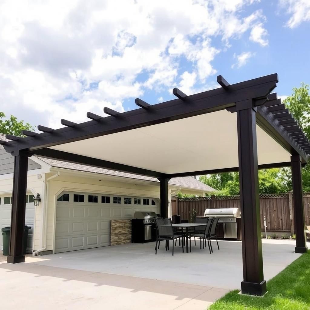 Garage with a freestanding pergola and outdoor kitchen