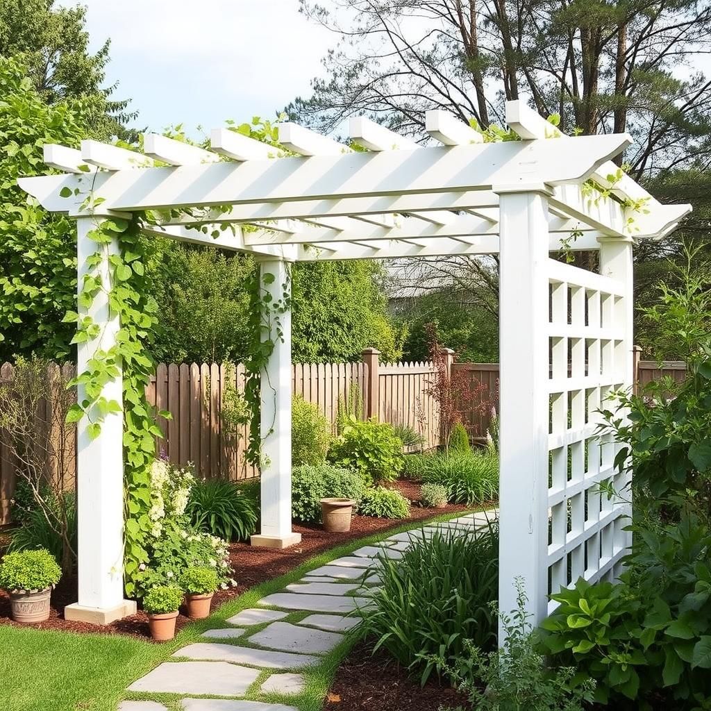 Freestanding pergola over garden pathway