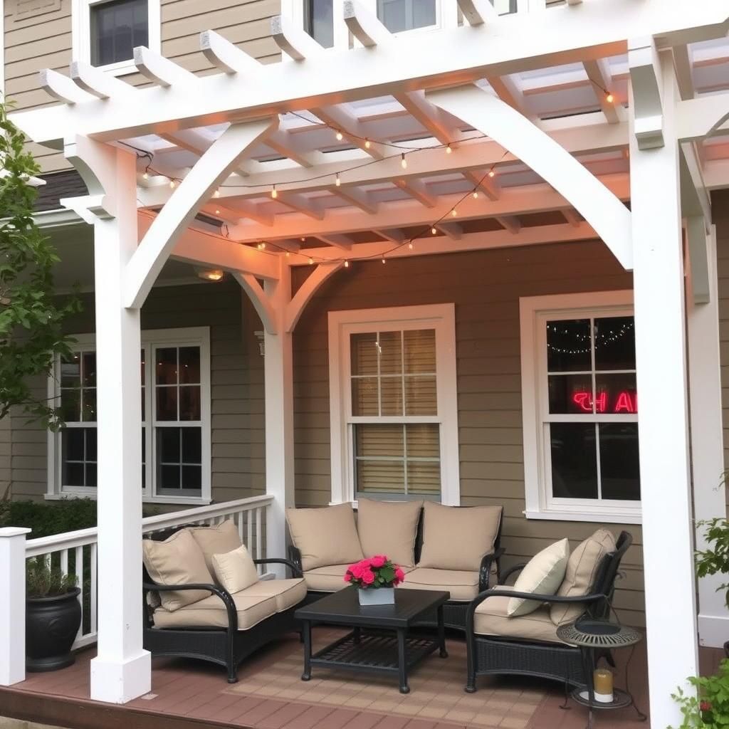 Freestanding pergola on a porch with comfortable outdoor furniture.