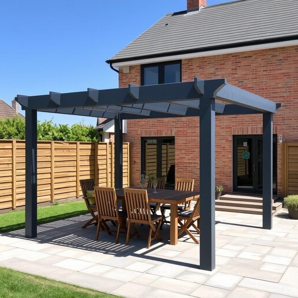 Freestanding pergola over outdoor dining area