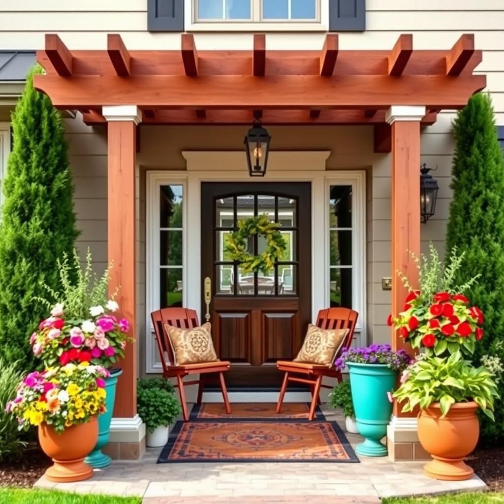 Front Door Pergola with Seating Area and Planters