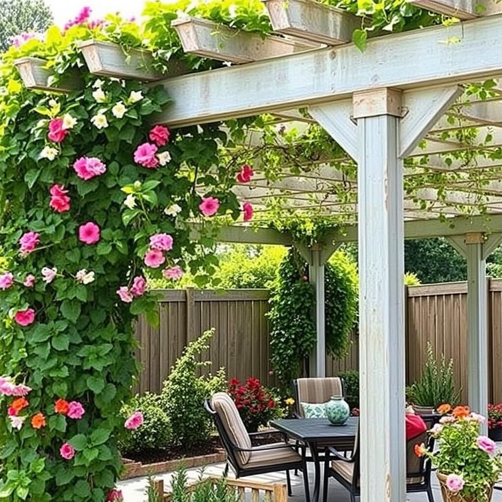 galvanized pergola with climbing plants