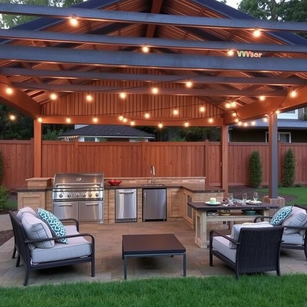 galvanized pergola with outdoor kitchen