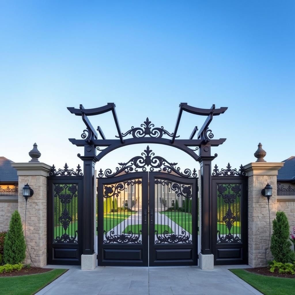 Grand estate gate pergola with intricate details