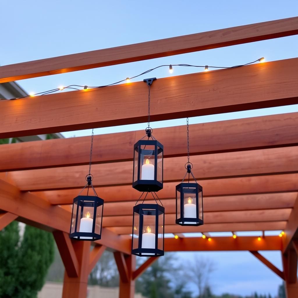 Outdoor pergola adorned with hanging lanterns