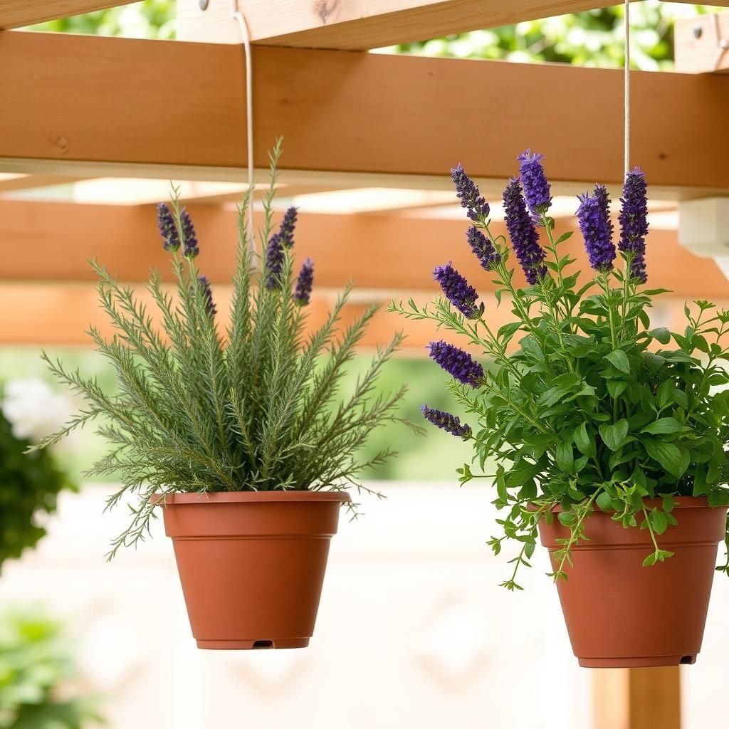 Various herbs thriving in pots on a pergola