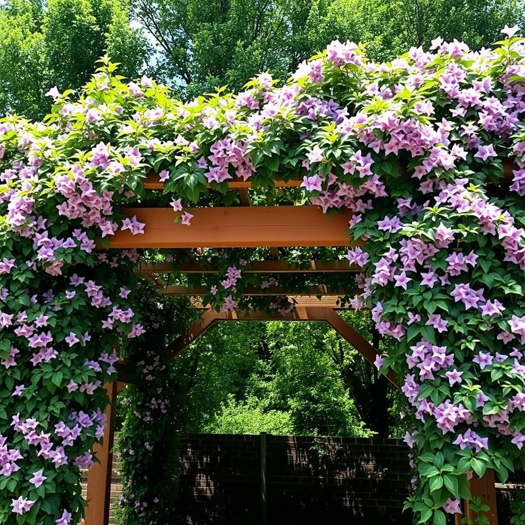 Lush green honeysuckle vines completely enveloping a wooden pergola, creating a shady retreat.