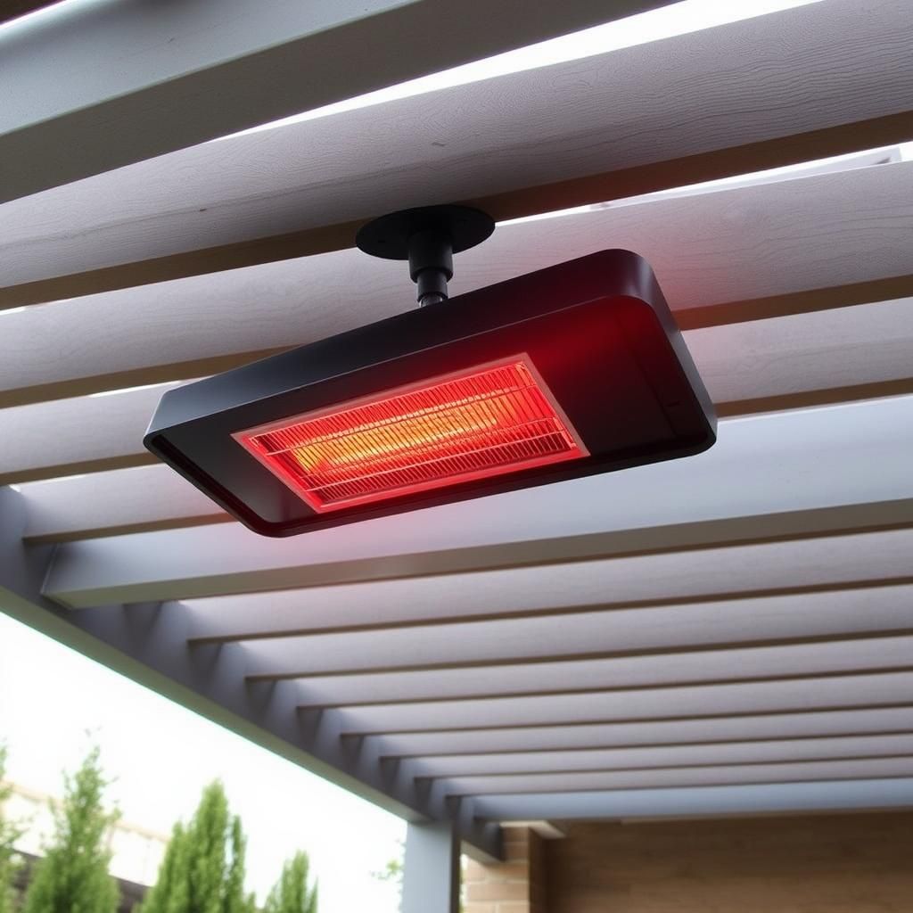 Infrared heater mounted on pergola ceiling