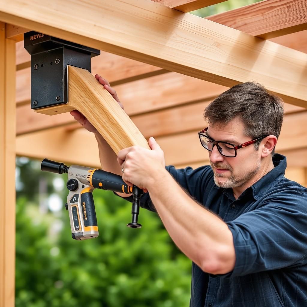 Carpenter installing a rounded rafter tail on a pergola