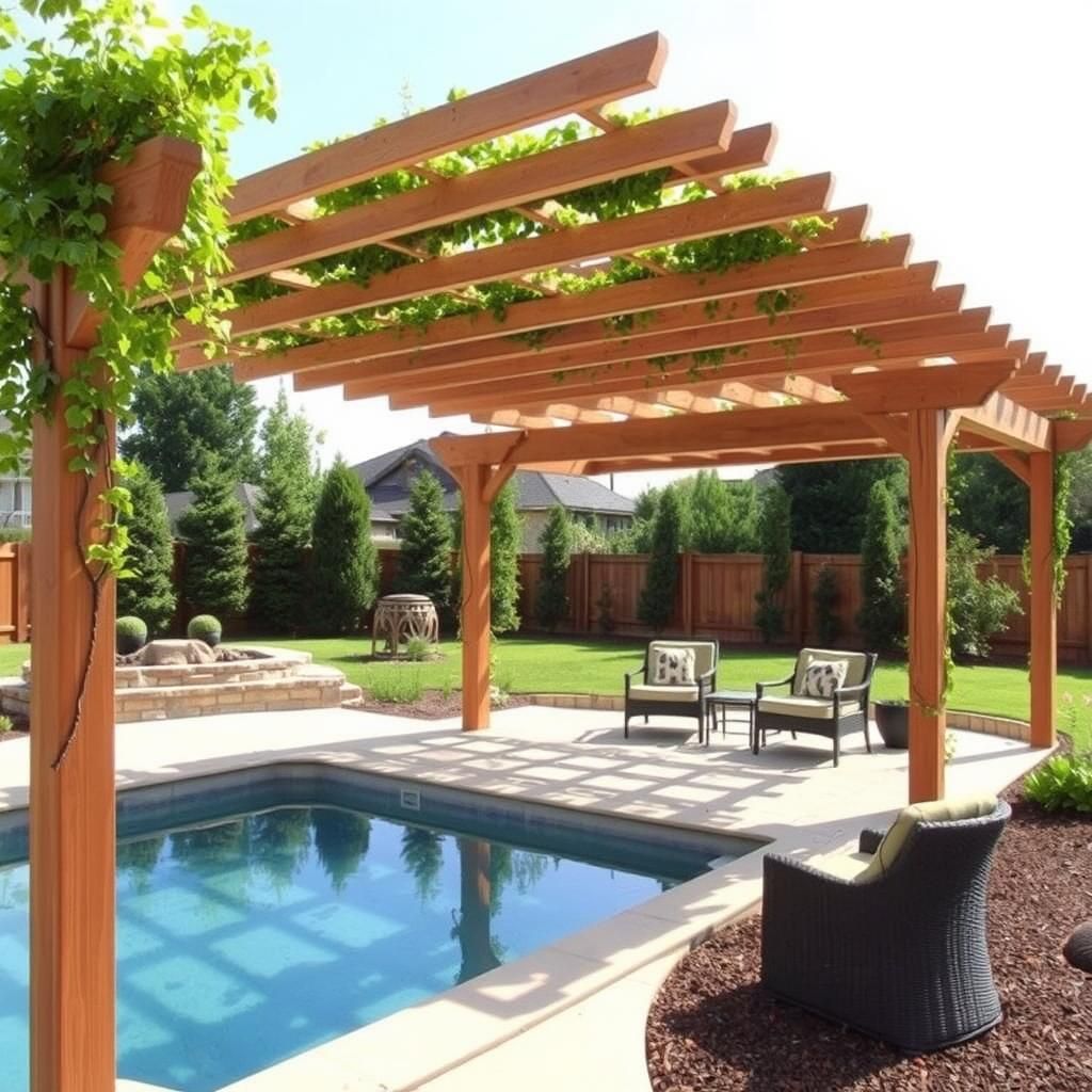 Inviting above ground pool pergola with lounge area